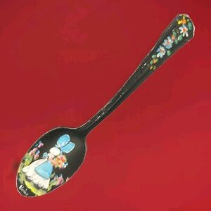 Eloise Spoon Folk Art Vintage Black Floral Girl Bonnet Flowers Signed